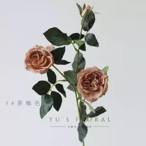 Simulated flower three-head retro lychee small rose home decoration floral soft decoration landscaping wedding floral Morandi color - Tea color