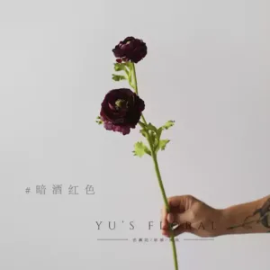 Simulated flower double peony dark wine red retro French floral single branch fake flower silk photography props foreign trade - Dark wine red, two flowers, one large and one small