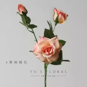 Simulated flower three-headed proud rose rose red home flower arrangement single artificial flower interior decoration floral photography props - coral orange