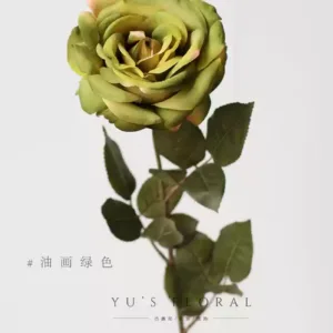 Simulated flower blooming rose oil painting green large flower single branch fake flower European retro single branch fake flower home soft decoration - oil painting green