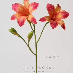 Artificial flower large flower Hemerocallis high-end home soft decoration floral single branch artificial flower medieval flower material retro photography props - orange red