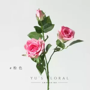 Simulated flower three-headed proud rose rose red home flower arrangement single artificial flower interior decoration floral photography props - pink
