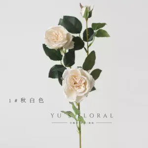 Simulated flower three-head retro lychee small rose home decoration floral soft decoration landscaping wedding floral Morandi color - autumn white