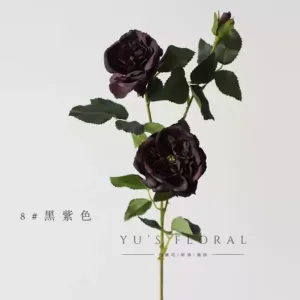 Simulated flower three-head retro lychee small rose home decoration floral soft decoration landscaping wedding floral Morandi color - black purple