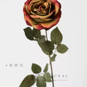 Simulated flower blooming rose oil painting green large flower single branch fake flower European retro single branch fake flower home soft decoration - rust color