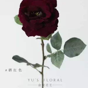 Artificial flower high-grade velvet rose burgundy single branch artificial flower foreign trade last single red rose while stocks last - Claret