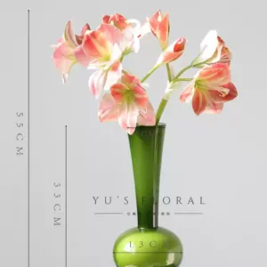 Simulated flower amaryllis red pink red large flowers flower material home decoration floral landscaping photography props high-end - Small green flower vessel + 3 pink amaryllis branches