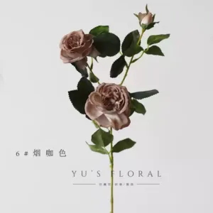 Simulated flower three-head retro lychee small rose home decoration floral soft decoration landscaping wedding floral Morandi color - Smoked coffee color