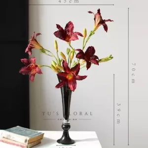 Artificial flower large flower Hemerocallis high-end home soft decoration floral single branch artificial flower medieval flower material retro photography props - Black flower vessel + 3 stems of black and red daylilies