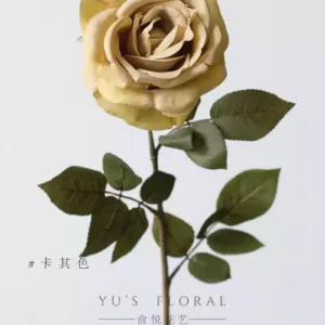 Simulated flower blooming rose oil painting green large flower single branch fake flower European retro single branch fake flower home soft decoration - Khaki