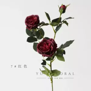 Simulated flower three-head retro lychee small rose home decoration floral soft decoration landscaping wedding floral Morandi color - red