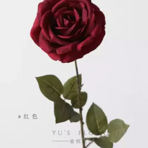 Simulated flower blooming rose oil painting green large flower single branch fake flower European retro single branch fake flower home soft decoration - red